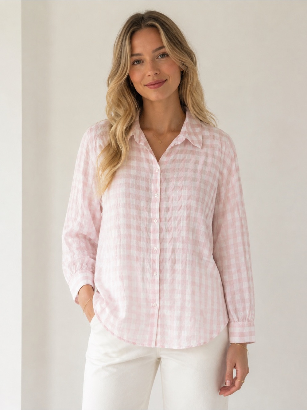 Zara Pink Gingham Button-Down Cotton Crinkle Plaid Shirt Large